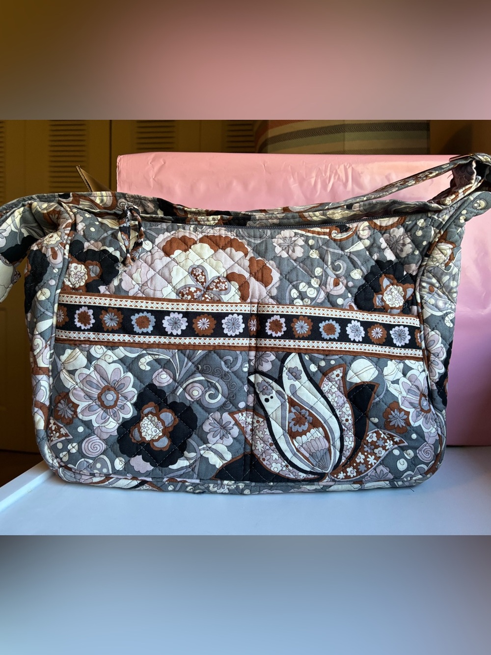 Stephanie Dawn Quilted crossbody shoulder bag black brown cream floral lavender
